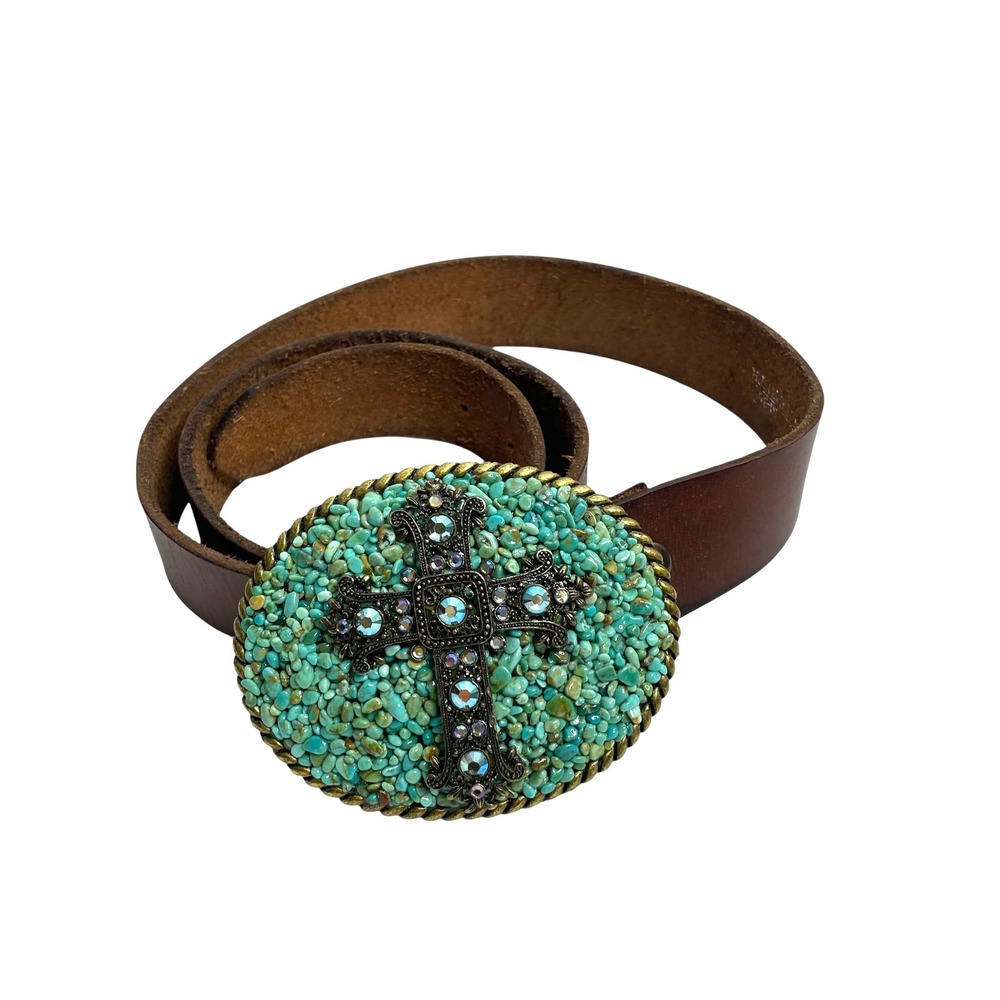 Vintage Leather Rhinestone statement belt Cross Turquoise Size 36 boho western